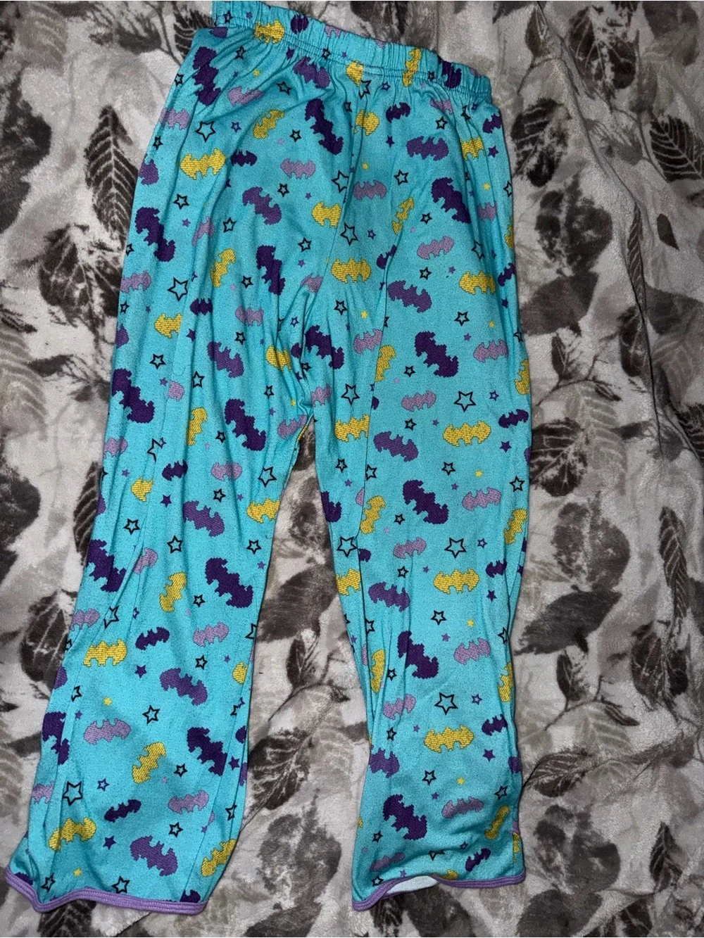 Lego Turquoise Pajama Pants with Purple and Yellow Bat Print
